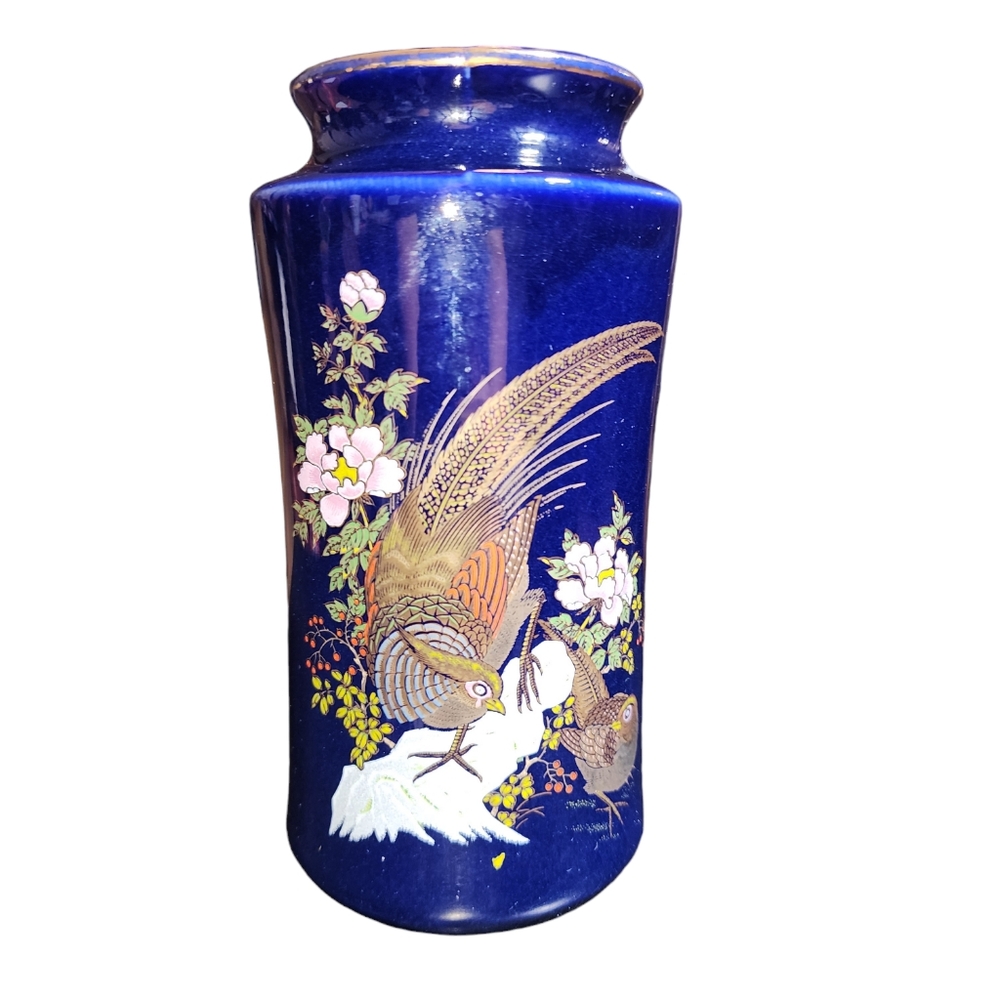 Vintage Made in Japan 2 Pheasants Among Flowers Cobalt Blue Ceramic Vase 6"HX3"d